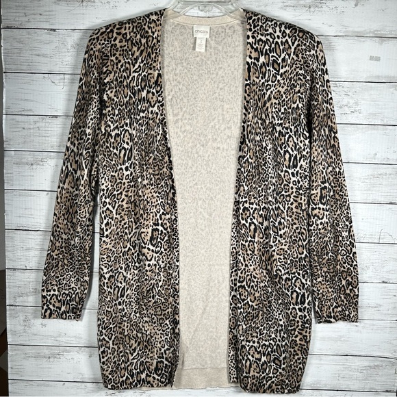 Chico's Leopard Animal Print Long Open Front Cardigan Sweater Size 3 XL - Picture 2 of 9